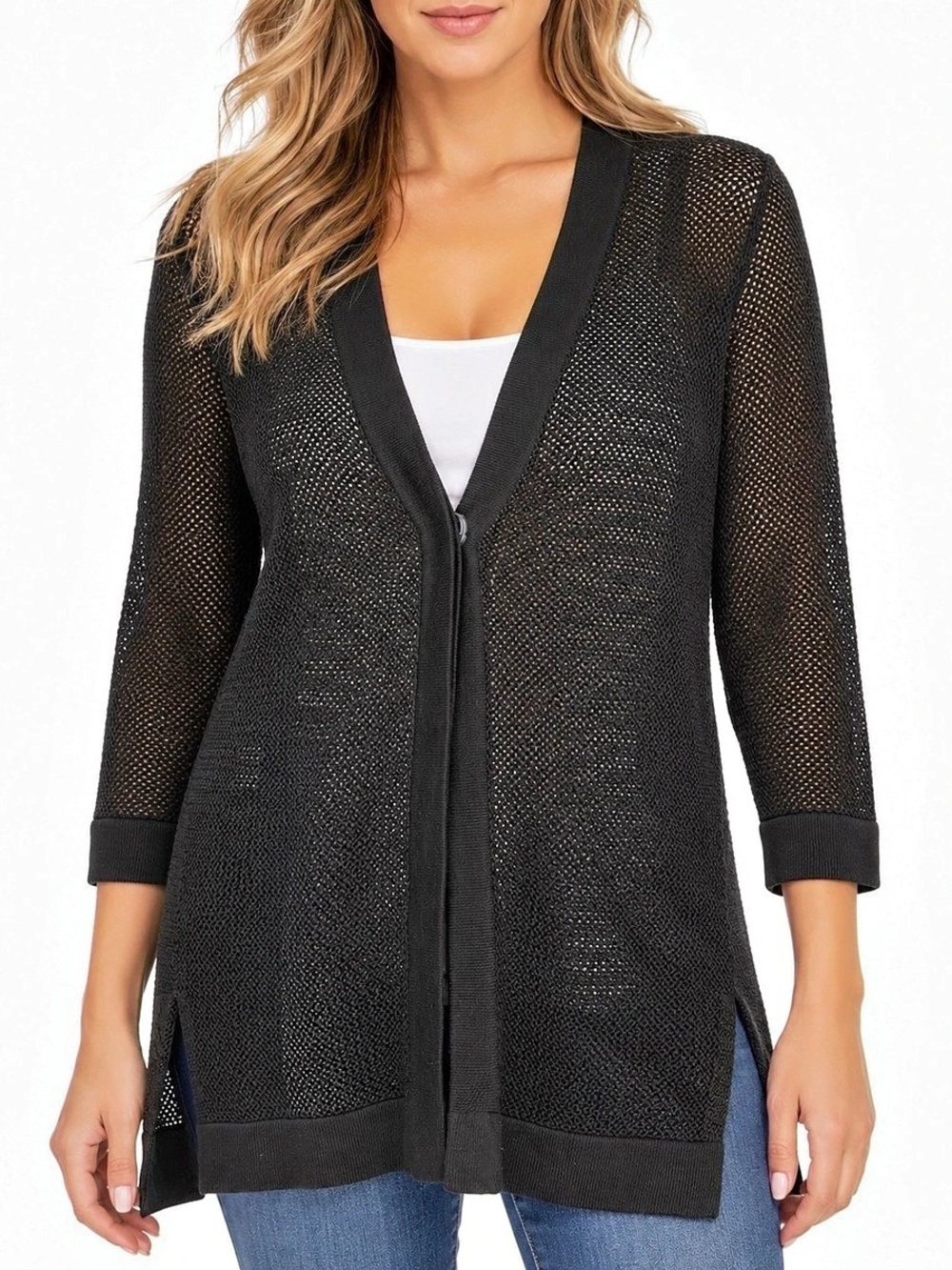 Chico’s Black Open Knit Cardigan Size 1 Sheer Mesh Snap Front